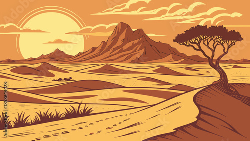 African Savanna Sunset Landscape Vector Illustration with Mountains and Acacia Tree