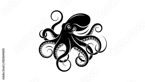 Detailed Black Octopus with Winding Tentacles on Isolated White Background