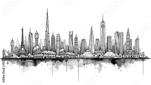 Minimalist city skyline silhouette with subtle ink drip and reflection
