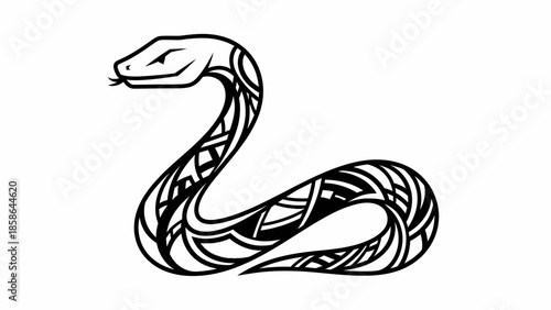 Powerful Stylized Snake with Intricate Pattern Coiled and Looking on Isolated White Background