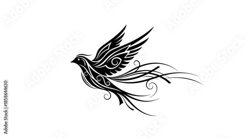 Graceful Stylized Flying Bird with Swirling Feathers Design on Isolated White Background