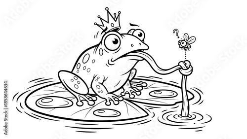 Whimsical Frog Prince Wearing a Crown Sitting on Lily Pads and Holding a Fly in Bright Studio