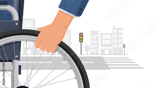 Close-up view of a person's hand propelling a wheelchair wheel, with a bustling city street and buildings in the blurred background, symbolizing urban accessibility and mobility.