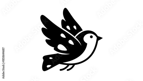 Peaceful Simple Flying Bird Silhouette with Dot Details on Isolated White Background