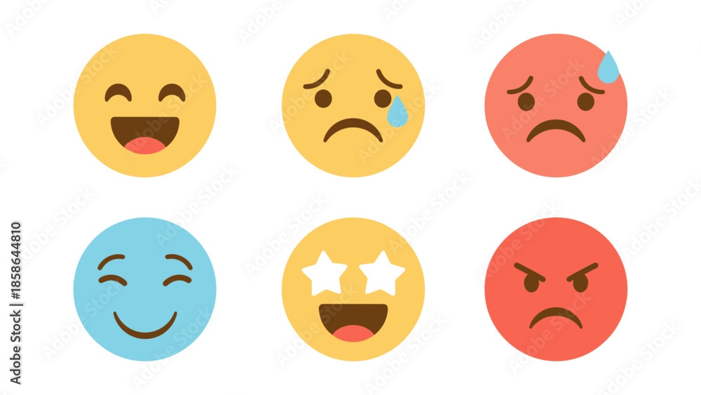 Fototapeta premium Colorful emoji faces displaying mixed emotions in flat style