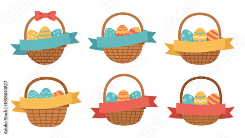 Colorful easter egg baskets with ribbons in flat design