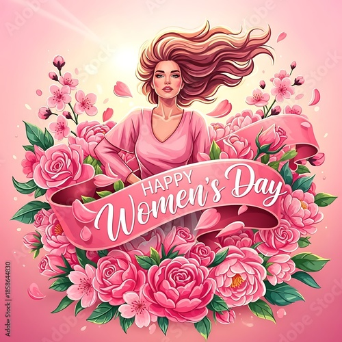Happy womens day illustration with pink flowers and a beautiful woman