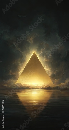 A golden pyramid bathed in ethereal light reflected on calm water, amidst a dark, stormy sky