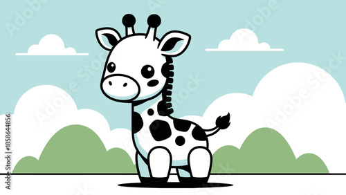 Adorable Cartoon Baby Giraffe Standing in Bright Studio with Green Hills and Clouds
