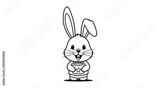 Happy Cartoon Bunny Rabbit Holding Decorated Easter Egg on Isolated White Background