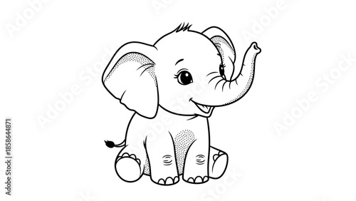 Adorable Cartoon Baby Elephant Sitting with Raised Trunk on Isolated White Background