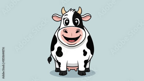 Happy Cartoon Cow Standing and Smiling on Pastel Blue Background