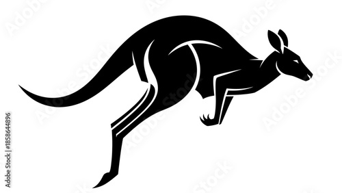 Dynamic black and white kangaroo jumping, powerful Australian wildlife, isolated white background