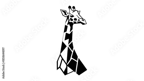 Geometric black and white giraffe standing with abstract patterns, modern animal design, safari wildlife, isolated white background