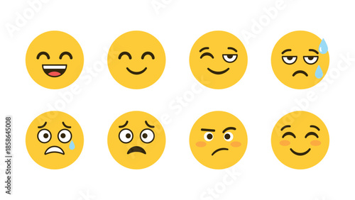 Set of flat yellow emoji faces expressing various emotions