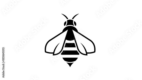 Stylized black and white bee icon, simple geometric insect design, isolated white background