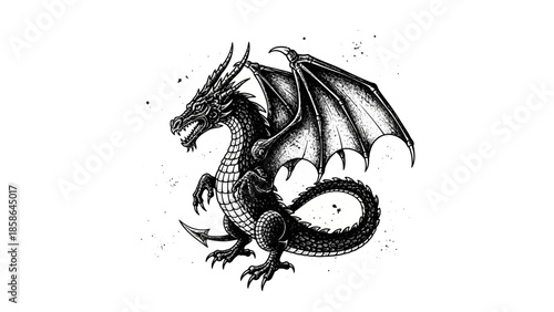 Fierce black and white mythical dragon roaring with detailed wings, fantasy creature, isolated white background