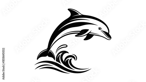 Stylized black and white dolphin jumping with waves, tribal art design, dynamic marine animal, isolated white background