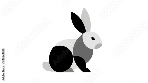 Geometric black and white rabbit sitting, modern abstract design, cute animal, isolated white background
