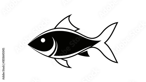 Black and white stylized fish swimming, simple aquatic logo design, isolated white background