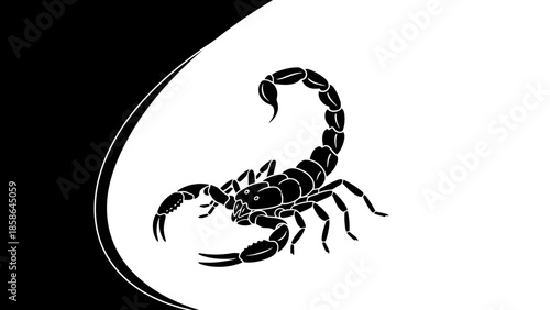 Dangerous black scorpion with venomous tail on abstract black and white background