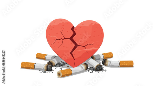 Visibly cracked and broken red heart resting heavily upon a heap of discarded cigarette butts and ashes, graphically illustrating the severe damage smoking inflicts on health and life.