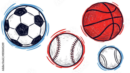 Collection of Hand-Drawn Sports Balls - Soccer, Basketball, Baseball, and Tennis.