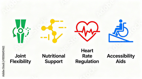 Elements such as joint flexibility and nutritional support represent the health functions of heart rate regulation and barrier free assistance, suitable for health materials.
