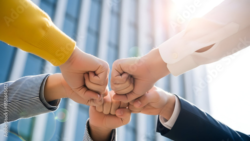 Business people holding hands together in front of a building