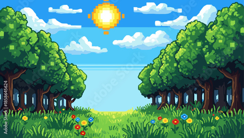Pixel art summer landscape with trees, clouds, and bright sun