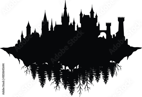 Fantasy castle silhouette with floating island, medieval towers, forest roots and magical fairytale landscape, black and white illustration