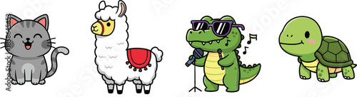 Cute animal character set with smiling cat, llama, singing crocodile, and turtle in kawaii cartoon style