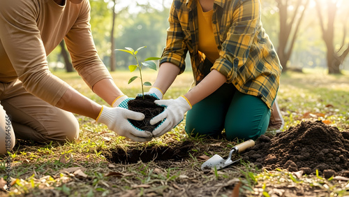 Two people planting a tree in the park