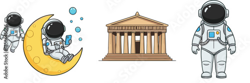 Cute astronaut characters with moon and classical temple architecture illustration in modern flat vector style set