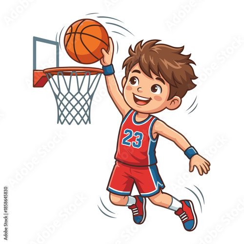 Young basketball player in a red jersey scoring a slam dunk with a smile while jumping in the air towards the hoop
