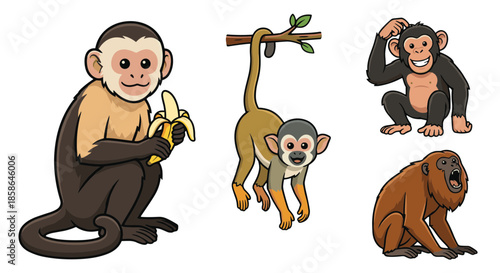 Group of five cute cartoon monkeys, each with a unique pose and expression, set against a white background