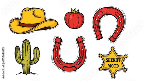 Collection of Wild West themed items including cowboy hat, horseshoe, cactus, and sheriff badge.