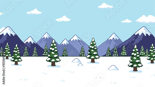 Winter wonderland with snowy pine trees and majestic mountains