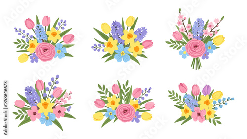 Colorful spring flower bouquets collection with tulips and daffodils