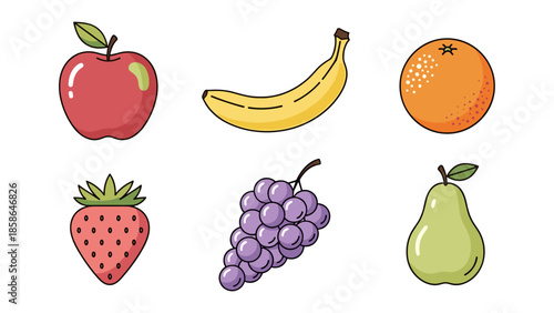 Colorful fruit set featuring apple, banana, orange, strawberry, grapes and pear