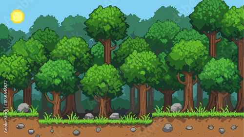 Lush green forest landscape with bright cartoon style trees and clear blue sky