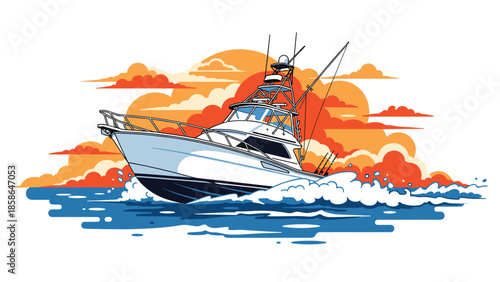 Powerful large sport fishing yacht rapidly speeding through the vibrant blue ocean water, creating impressive waves, set against a dramatic and colorful cloudy sky.