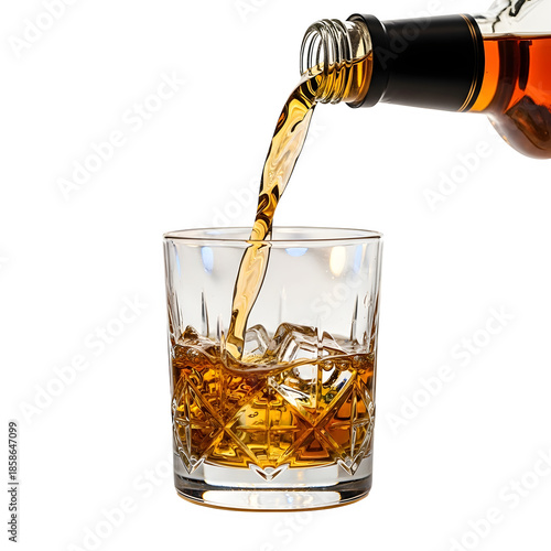 Whiskey pour into crystal glass isolated on transparent background