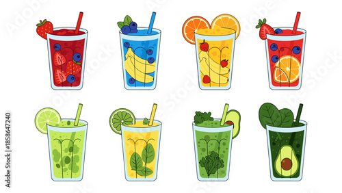 Colorful assortment of fresh fruit smoothies in glasses