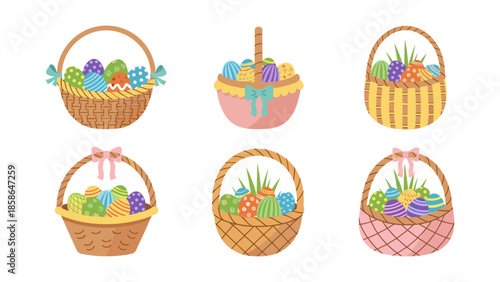 Charming easter baskets filled with colorful eggs in a flat style set