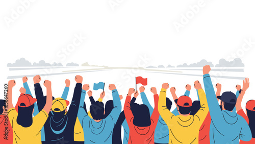 Energetic crowd of people viewed from behind, passionately raising their fists and holding small flags, engaged in a powerful protest or a spirited mass celebration.
