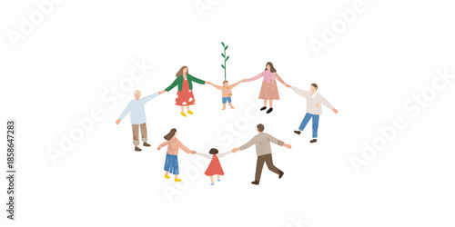 A group of people holding hands in a circle with a small plant