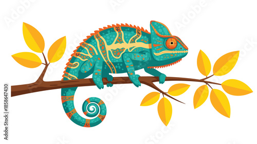 Vivid green and turquoise chameleon, adorned with intricate patterns, gracefully perched on a tree branch adorned with bright yellow autumn leaves, showcasing its camouflage.