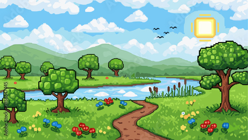 Pixel art landscape with trees, river, and mountains in a vibrant summer scene