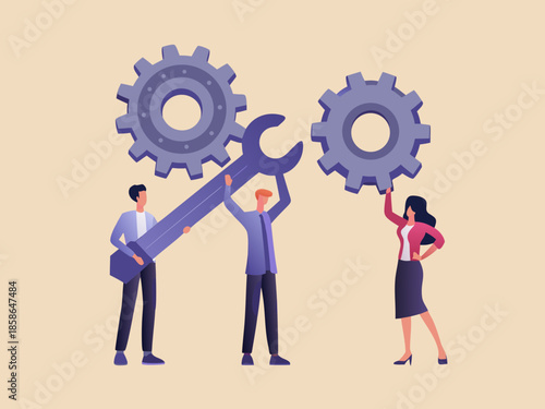 Teamwork and engineering people collaborating with gears and a wrench